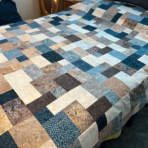 Queen Size Quilt Top, Blue Brown Batik Fabrics, 81 x 90, Unfinished Quilt Top image 3