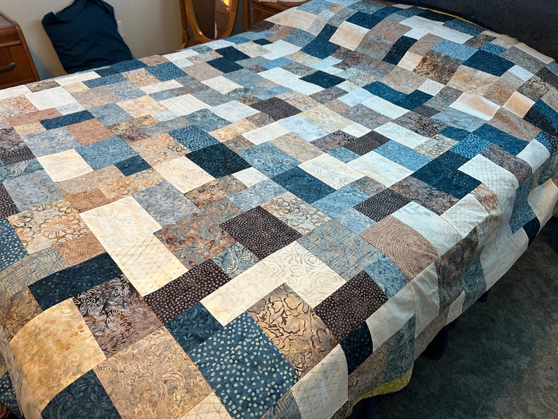 Queen Size Quilt Top, Blue Brown Batik Fabrics, 81 x 90, Unfinished Quilt Top image 3