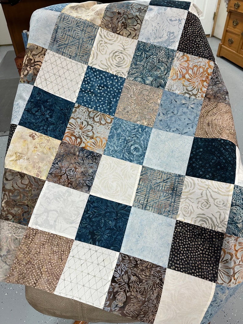 Unfinished Quilt Top in Blue and Brown Batiks, 36 x 45, Ready to Finish image 2