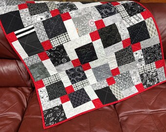 Handmade Patchwork Quilt, Modern Black, Red & White, 33" x 46", Quilts for Sale