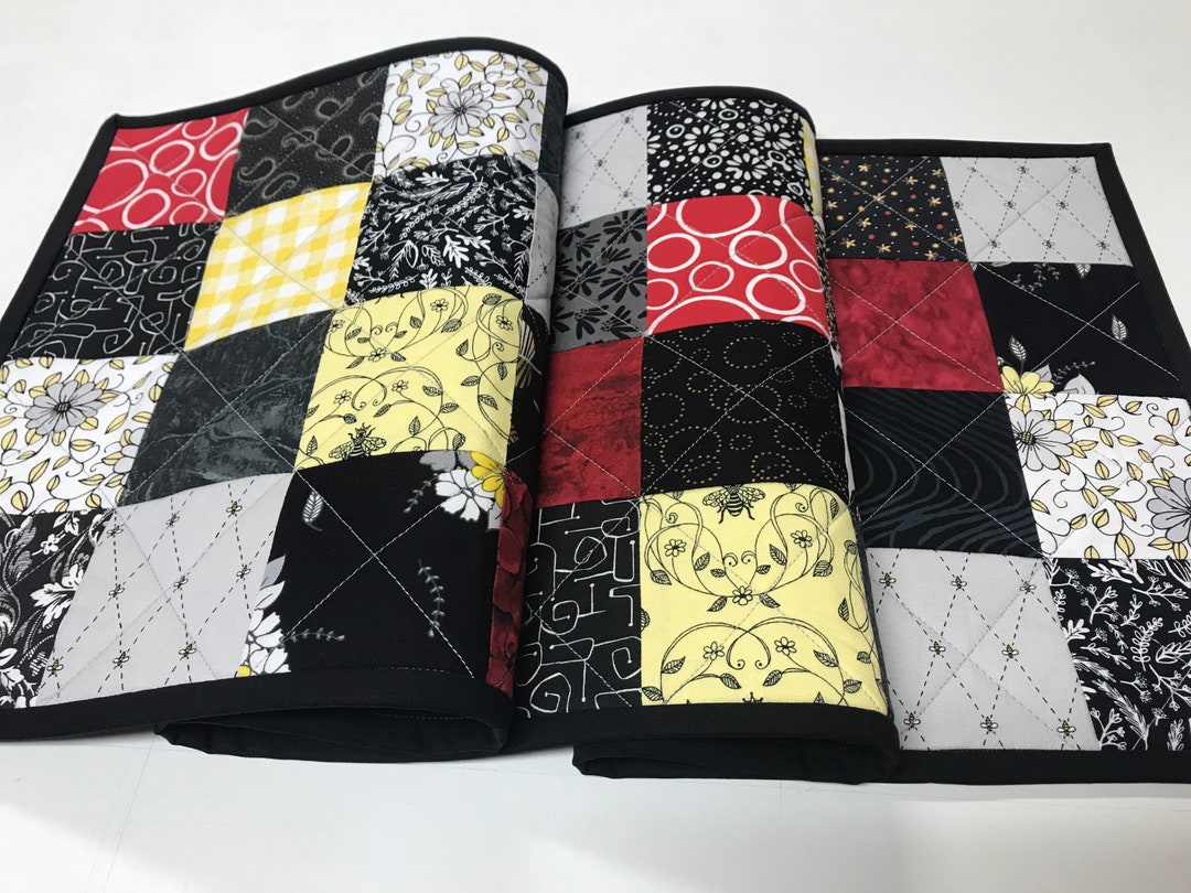 Red Patchwork Table Runner Quilted Table Runner: Black, Red, Yellow Patchwork Centerpiece - Modern ...