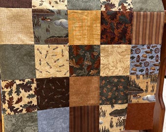 Unfinished Patchwork Quilt Top: Lake Lodge Fishing Theme for Sofa, Lap Throw, 36x45 Handmade