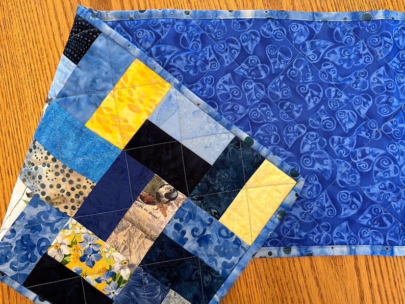 Quilted Table Runner, Blue Yellow, , 12" x 40", Handmade Custom Table Runner, Kitchen Decor, Housewarming Gift, Home Decor