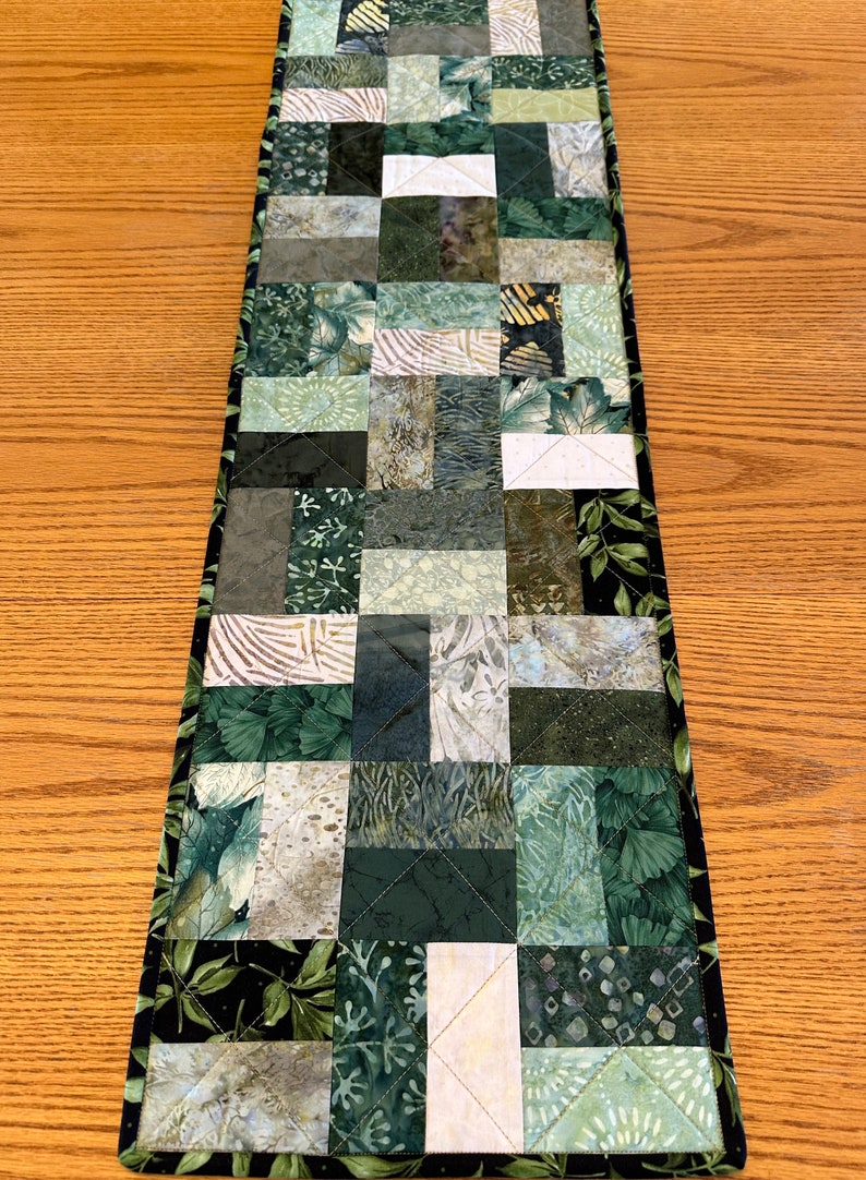 Quilted Table Runner, 12.5" x 40", Green, Handmade Custom Table Runner, Home Decor, Kitchen Decor, Housewarming Gift