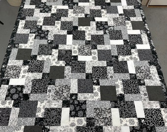 Unfinished Quilt Top in Black & White, 55" x 68", Handmade Quilts for Sale