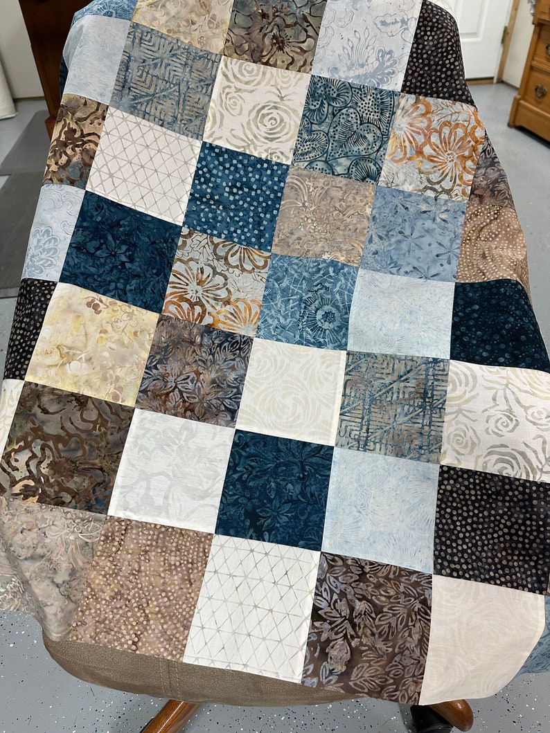 Unfinished Quilt Top in Blue and Brown Batiks, 36 x 45, Ready to Finish image 8