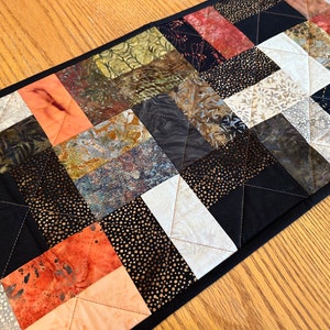 Quilted Table Runner, 12" x 40", Black Brown & Cream, Handmade Runner, Table Decor Centerpiece, Home Decor