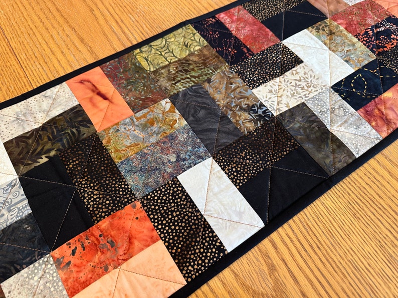 Quilted Table Runner, 12" x 40", Black Brown & Cream, Handmade Runner, Table Decor Centerpiece, Home Decor