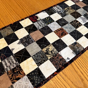 Quilted Table Runner, Black, Brown, Tan, 12 x 40, Handmade Custom Table Runner, Home Decor, Kitchen Decor, Housewarming Gift image 1