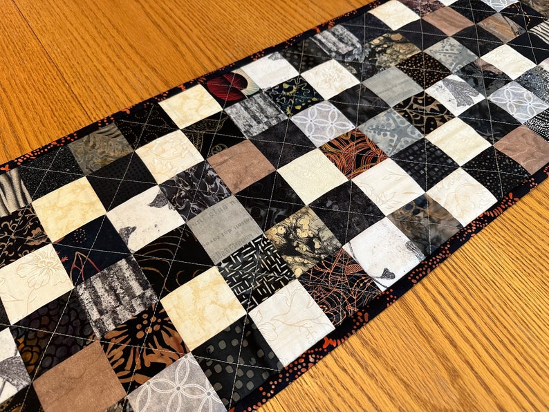 Quilted Table Runner, Black, Brown, Tan, 12 x 40, Handmade Custom Table Runner, Home Decor, Kitchen Decor, Housewarming Gift image 1