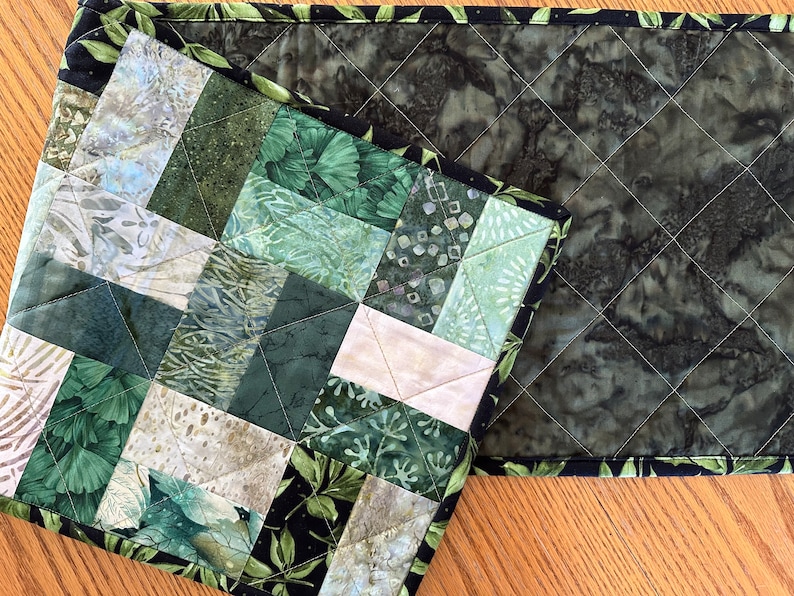 Quilted Table Runner, 12.5" x 40", Green, Handmade Custom Table Runner, Home Decor, Kitchen Decor, Housewarming Gift