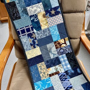 Handmade Patchwork Quilted Table Runner, 13 X 41”, Country Blues, Reversible