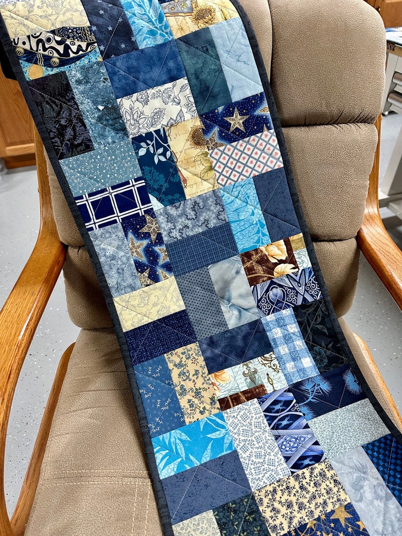 Handmade Patchwork Quilted Table Runner, 13 X 41”, Country Blues, Reversible