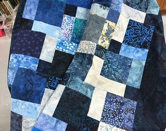 Unfinished Batik Quilt Top, Blues, 42" x 55", Lap Quilt, Crib Quilt