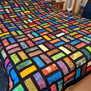 Handmade Full Size Quilt in Bold Multi-Color Batiks, 78 x 90, Homemade Quilts For Sale image 3