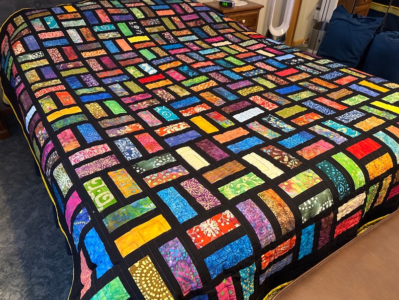 Handmade Full Size Quilt in Bold Multi-Color Batiks, 78 x 90, Homemade Quilts For Sale image 3