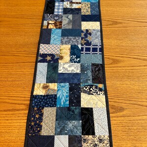 Handmade Patchwork Quilted Table Runner, 13 X 41”, Country Blues, Reversible