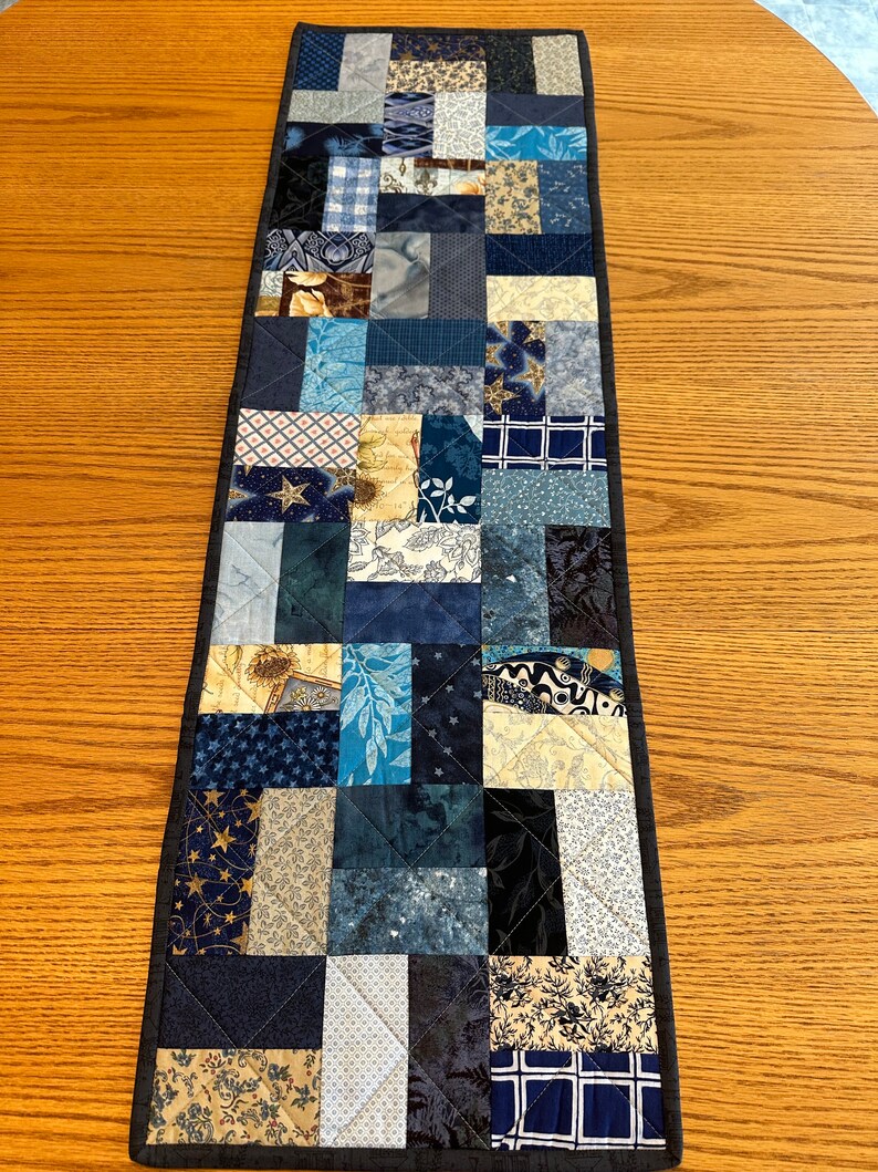 Handmade Patchwork Quilted Table Runner, 13 X 41”, Country Blues, Reversible