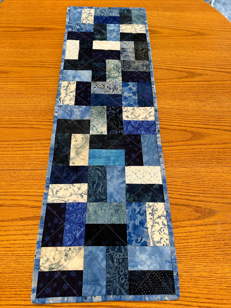 Quilted Table Runner, Blue, 12" x 40", Handmade Custom Table Runner, Housewarming Gift, Home Decor, Kitchen Decor