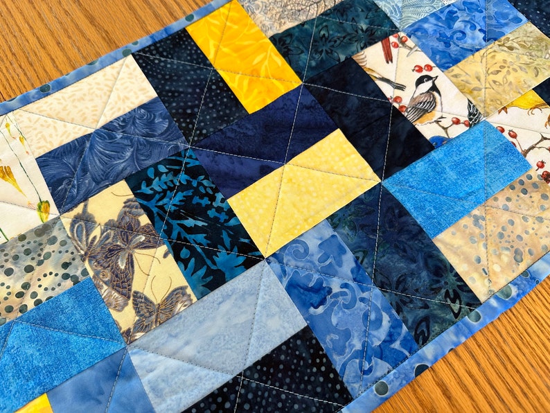 Quilted Table Runner, Blue Yellow, , 12" x 40", Handmade Custom Table Runner, Kitchen Decor, Housewarming Gift, Home Decor