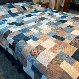 Queen Size Quilt Top, Blue Brown Batik Fabrics, 81 x 90, Unfinished Quilt Top image 4