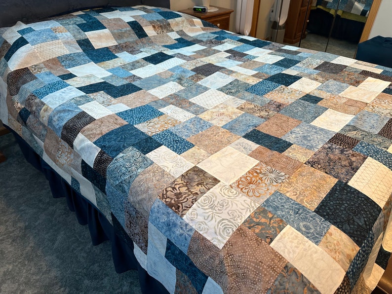 Queen Size Quilt Top, Blue Brown Batik Fabrics, 81 x 90, Unfinished Quilt Top image 4