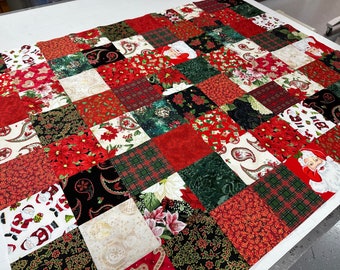 Unfinished Quilt Top, Christmas Reds and Greens, 36" x 45", Ready to Finish, Lap Quilt