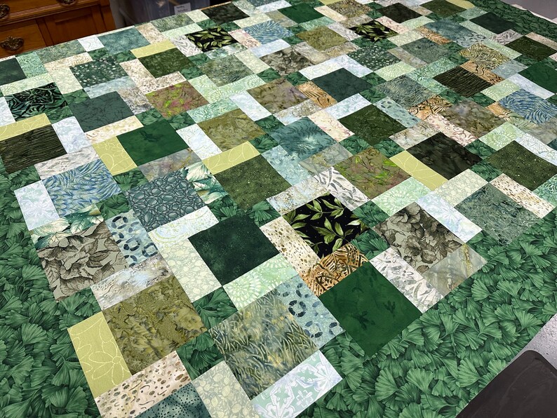 Green Patchwork Unfinished Quilt Top, 55 x 68, Lap or Throw Size image 8