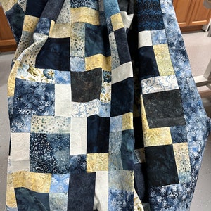 Unfinished Batik Quilt Top, Blue & Yellow, 55 x 68, Ready to Finish, Lap Quilt image 1