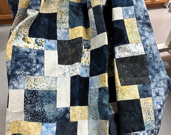 Unfinished Batik Quilt Top, Blue & Yellow, 55" x 68", Ready to Finish, Lap Quilt