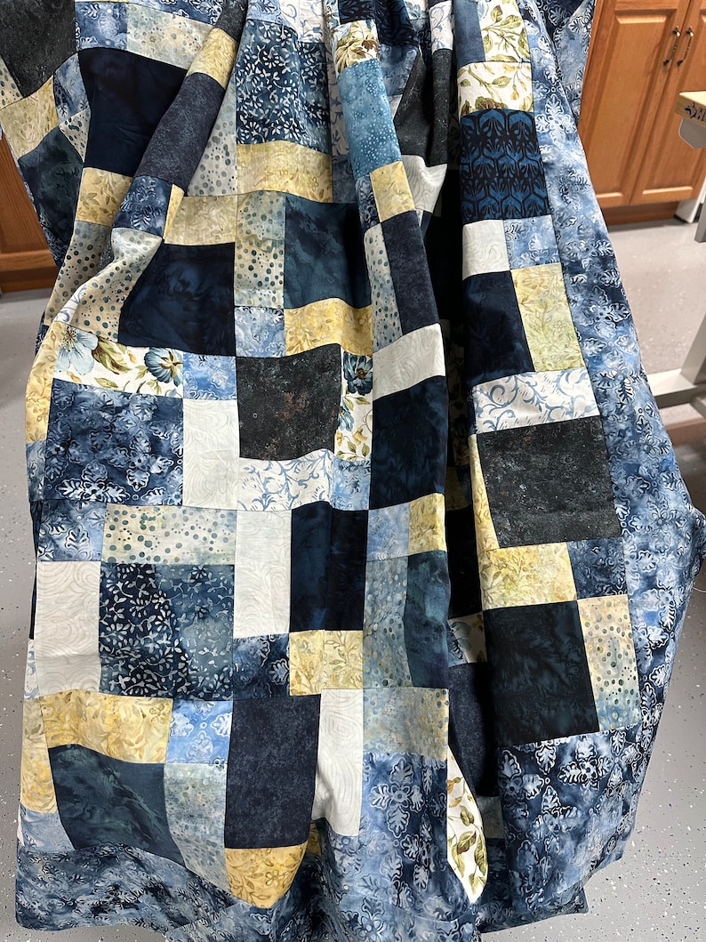 Unfinished Batik Quilt Top, Blue & Yellow, 55 x 68, Ready to Finish, Lap Quilt image 1