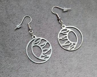 Boucles d'oreilles soleil et lune, boucles d'oreilles soleil croissant de lune, bijoux soleil lune,