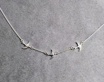 Three Birds Necklace, Sparrow Necklace, Bird Necklace, Swallow Necklace, Flying Birds Necklace, Silver Bird Necklace