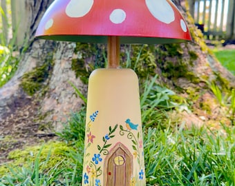 Mushroom Fairy House Garden Lamp | Hand-Painted Toadstool Light | Fairy Garden Decor | Cottagecore Outdoor Solar Lamp | Whimsical Garden Gif