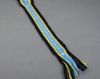 Marcador de hilo tejido a mano - Inkle Tejido - Marrón, Azul, Amarillo y Blanco - Regalo del lector