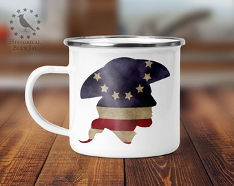 18th Century Colonial Reenactor Enamel Camp Mug, Recreación histórica, Historia viva, Betsy Ross Flag, Patriota, Guerra revolucionaria