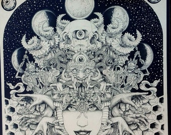 KALI print . dark tibetan wall art moon phases skull