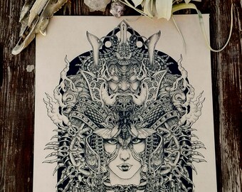 SAMURAI geisha dark art print . japanese demon oni wall art