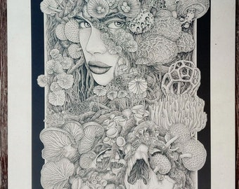 MUSHROOM paper print . botanical mother nature mushrooms skull wall art . mycelium