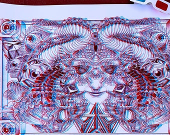 3D anaglyph print . psychedelic wall art silkscreen poster