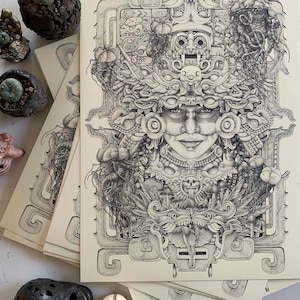 ZAPOTECORUM poster . arte Maya - Azteca . medicina tradizionale messicana . peyote e funghi . Maria Sabina sciamano . Serpente piumato
