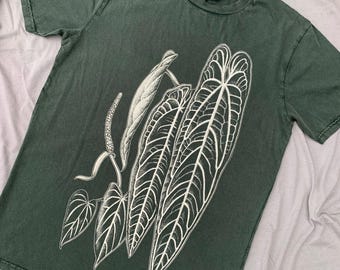 Anthurium Leaf T-Shirt: Organic Cotton, Botanical Print, stone wash green, vegan, fair wear