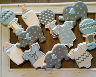 Little Boy Baby Shower Cookies with Elephants - One Dozen