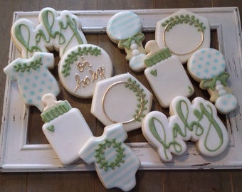 18 Greenery with BLUE Stenciling Baby Shower Cookies