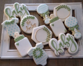 Greenery WITH BLUE STENCILING Baby Shower Cookies - One Dozen