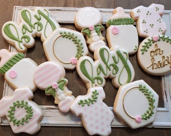 Greenery WITH PINK STENCILING Baby Shower Cookies - One Dozen