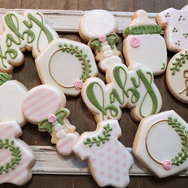 Greenery WITH PINK STENCILING Baby Shower Cookies - One Dozen