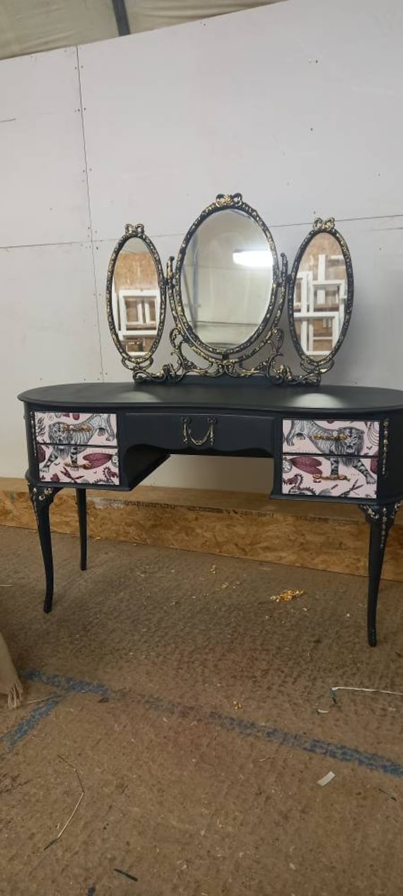Upcycled French Style Dressing Table: Grey & Pink Animal Print, Gold Detail  - Etsy