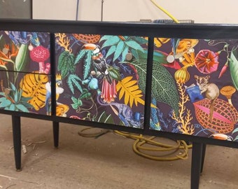 Midcentury Sideboard Tropical Print Upcycled Painted Living Room Furniture. SOLD Message For A Commission