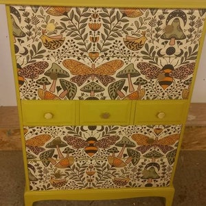 Stag Chest of Drawers Painted Yellow with Moths and Bee Print. Retro Vintage Bedroom Furniture